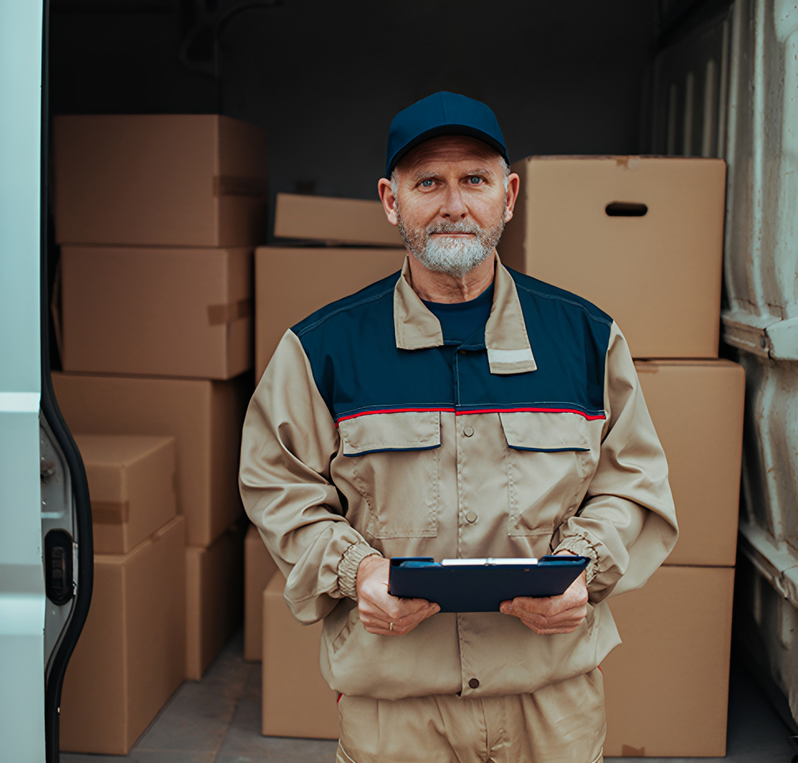 Delivery worker holding clipboard in front of van.