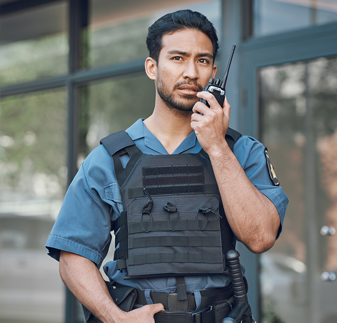 Policeman communicating via walkie-talkie.