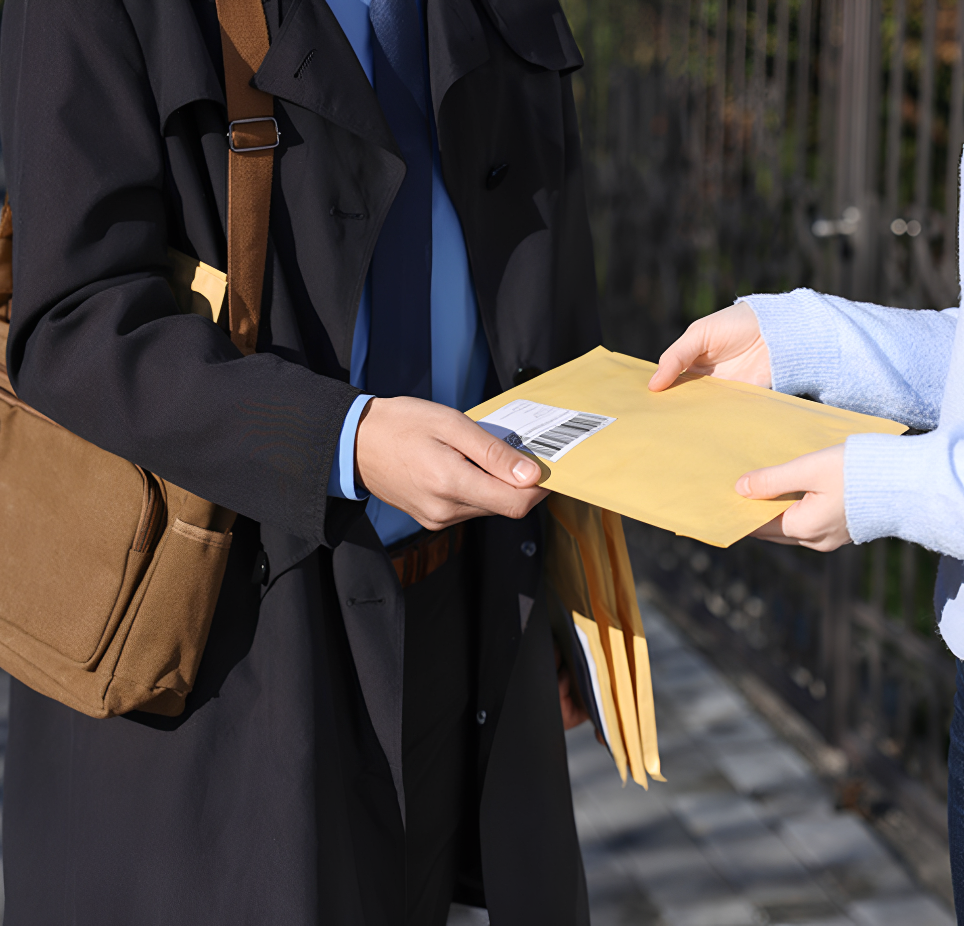 Person handing over a yellow envelope.