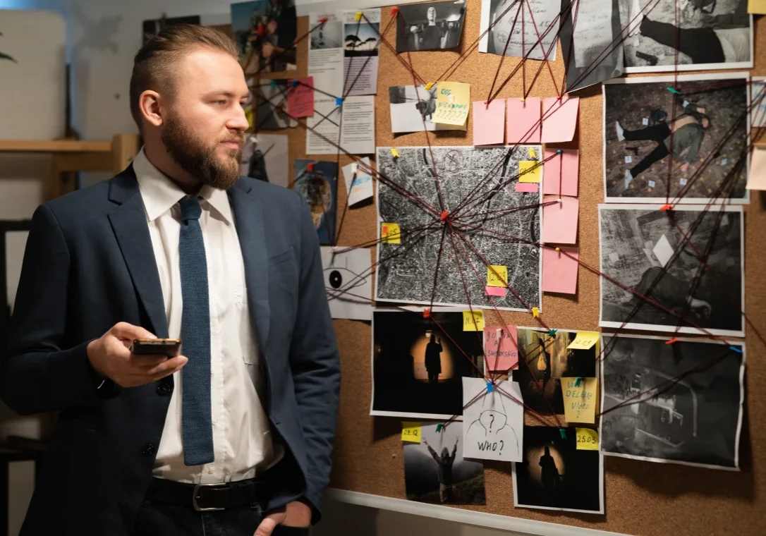 Crime investigation board with photos